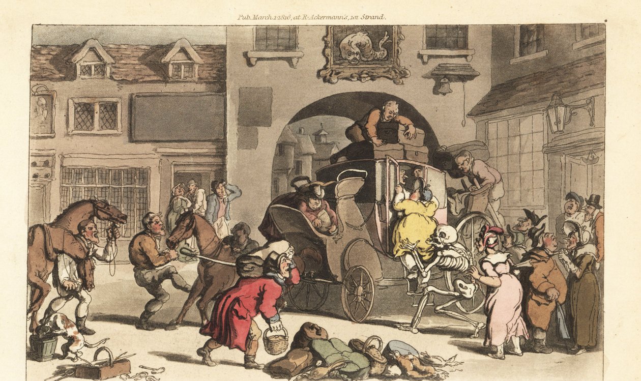 La mort aide une grande matrone à monter sur la dernière scène fatale. - Thomas Rowlandson