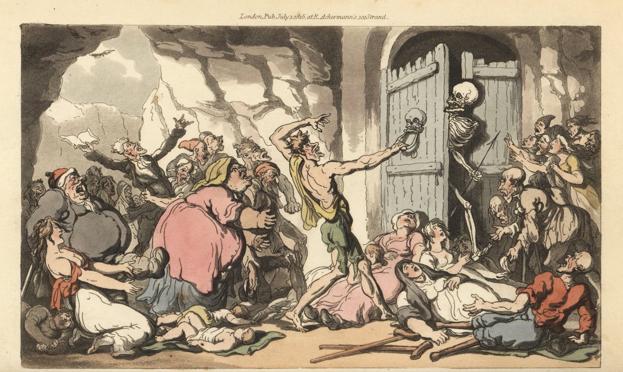 La mort regarde derrière la porte de la mort, pour voir la foule de personnes obèses, boiteuses, estropiées, vieilles et folles attendant la libération des tourments de la vie. - Thomas Rowlandson