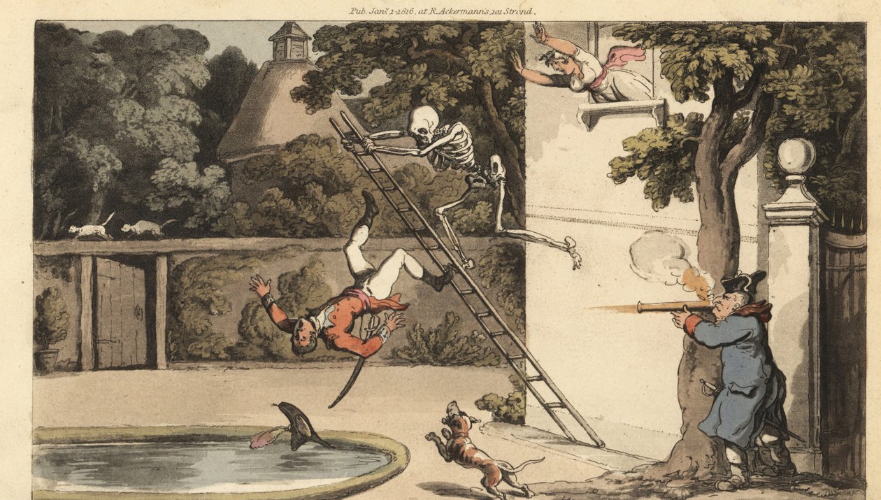 Le squelette de la Mort pousse une échelle loin d