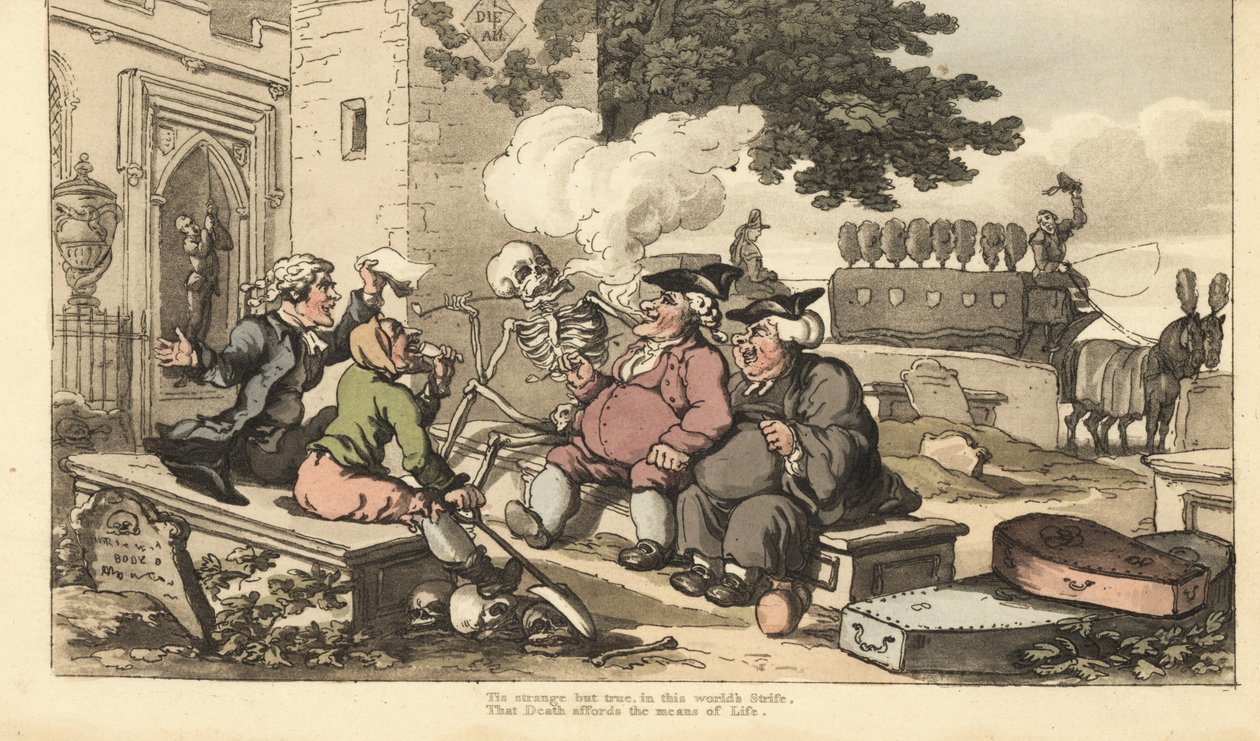 Le squelette de la Mort fume une pipe sur une pierre tombale avec des hommes qui vivent de la mort - prêtre, fossoyeur, entrepreneur de pompes funèbres, sonneur de cloches, conducteur de corbillard et avocat. Gravure à la main par Thomas Rowlandson de « Th - Thomas Rowlandson