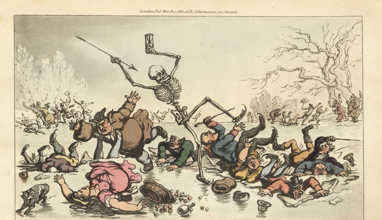 Le squelette de la Mort avec dard et sablier patinant sur un étang gelé tandis que d