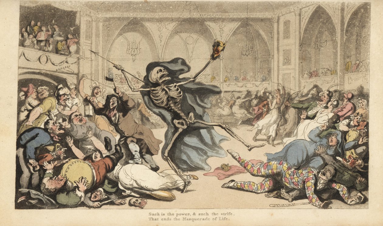 Le squelette de la Mort avec sa flèche provoque une émeute parmi les arlequins, jockeys, nonnes, Turcs et fous lors d