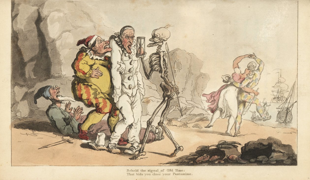 Le squelette de la Mort avec un sablier et une fléchette vient pour un Pierrot et d