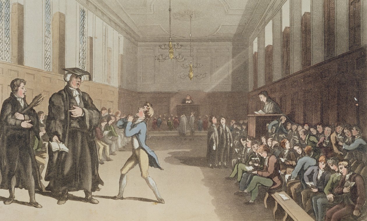 Le précepteur sévère, avec son signe menaçant, appelle la sage correction de la baguette, extrait de A Compendious Treatise on Modern Education, 1802 - Thomas Rowlandson