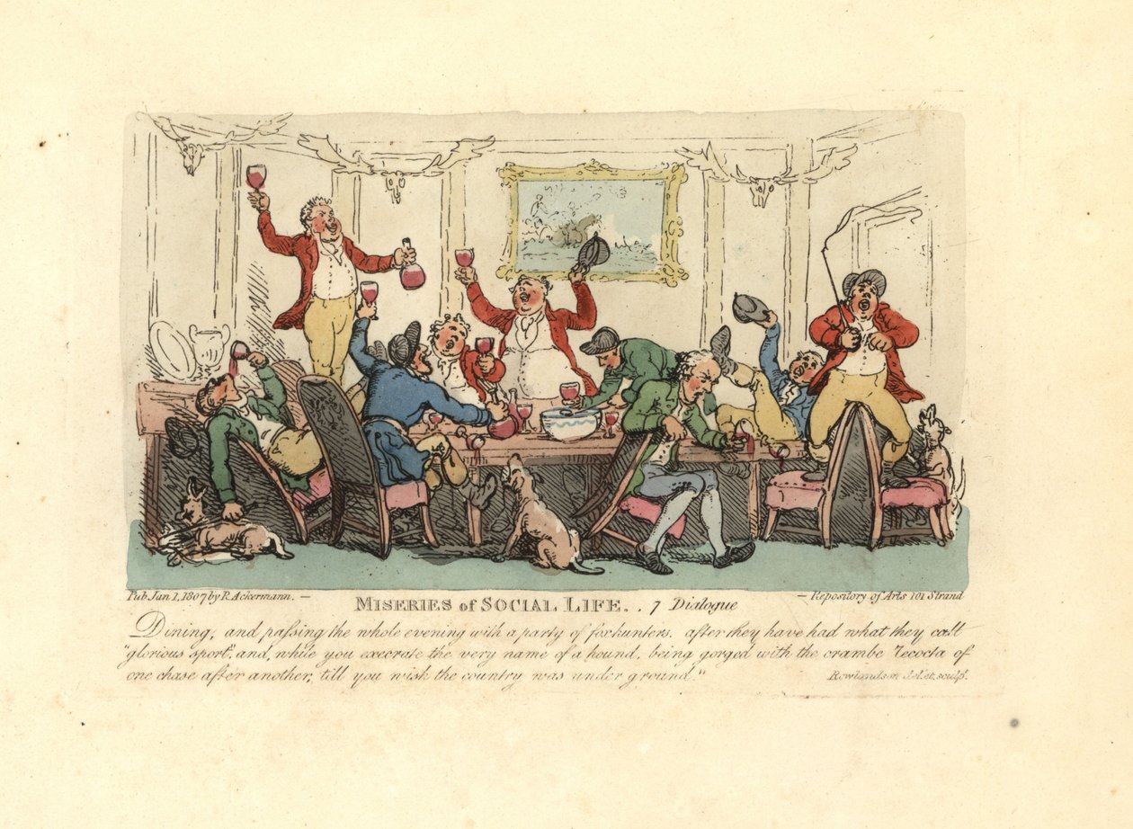 Homme fatigué et ivre à un dîner bruyant avec des chasseurs de renards - Thomas Rowlandson