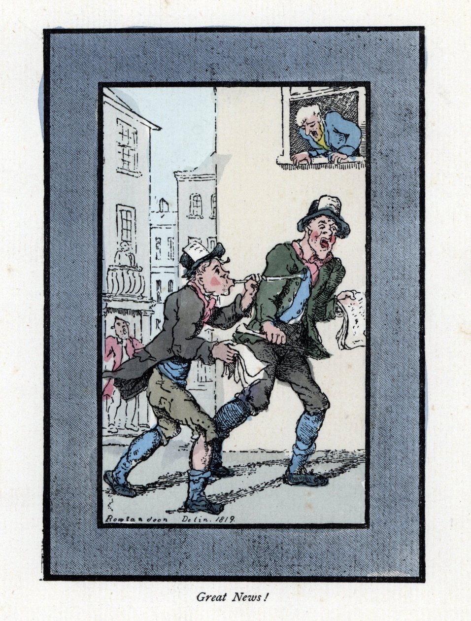 Deux vendeurs de journaux avec de longs sifflets vendant des journaux dans une rue de Londres - Thomas Rowlandson