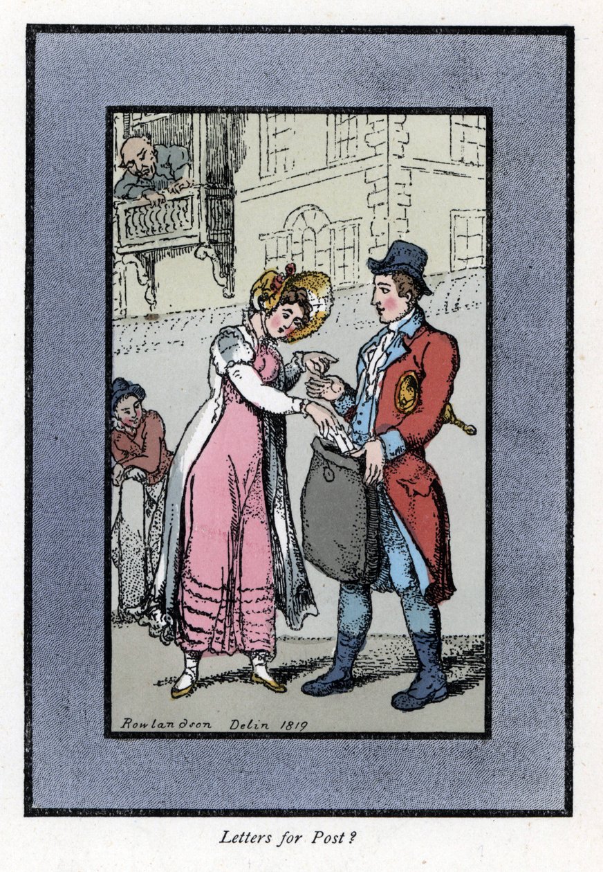 Femme payant et mettant une lettre dans un sac porté par un employé de la Royal Post Office britannique. Gravure sur bois, d