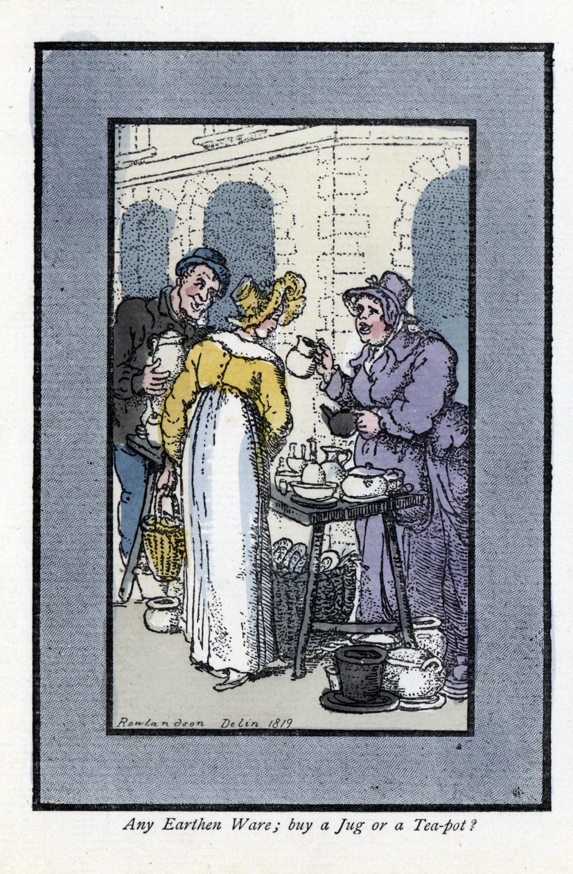 Femme vendant des pichets, théières et bols à un coin de rue. Une jeune femme élégante regarde les marchandises. Gravure sur bois, d
