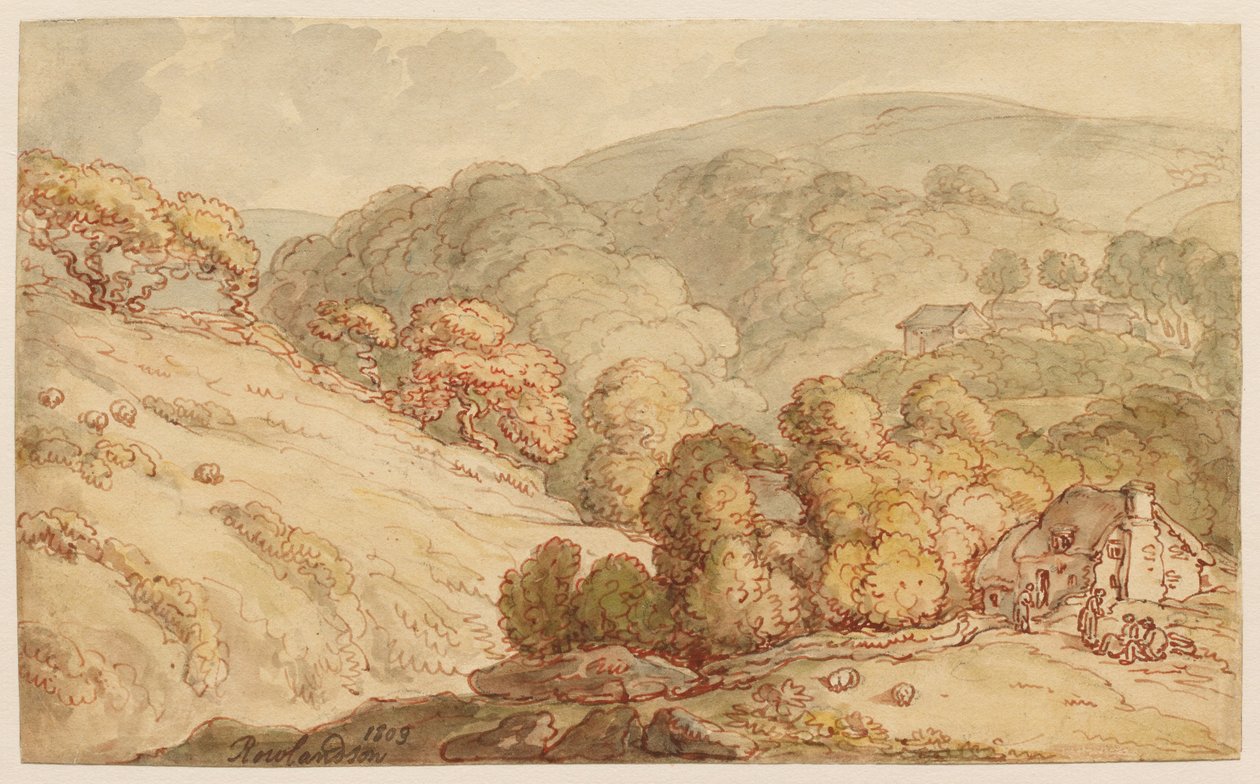 Paysage vallonné boisé avec chaumière et personnages - Thomas Rowlandson