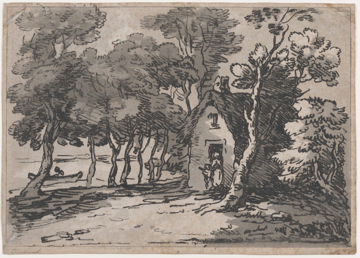 Scène boisée avec des figures à la porte d