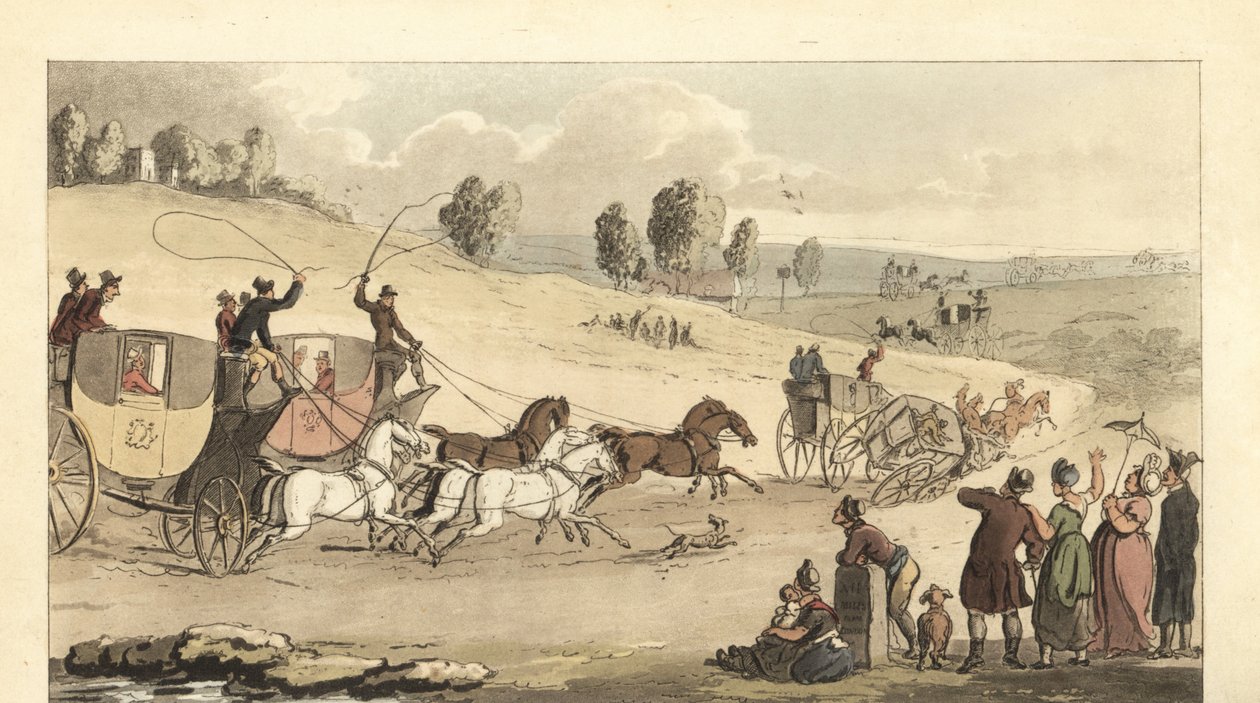 Jeunes gentlemen anglais faisant la course de voitures à quatre chevaux sur une route - Thomas Rowlandson