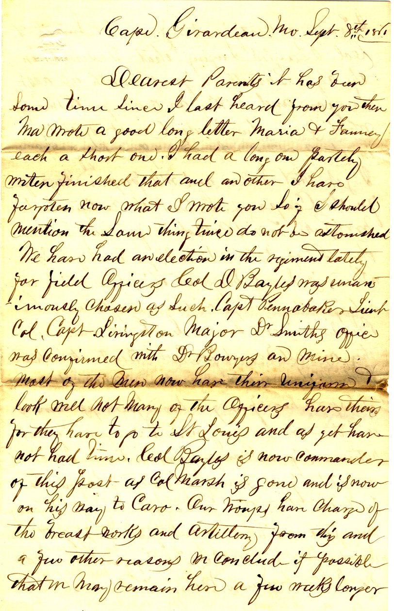 Lettre signée T.S. Hawley, Cape Girardeau, Missouri, à ses parents, 8 septembre 1861 - Thomas S. Hawley