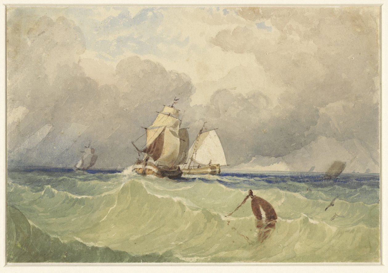 Trois-mâts et tjalk naviguant en pleine mer - Thomas Sewell Robins