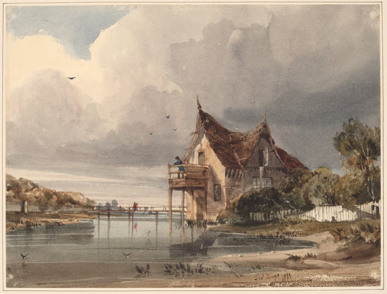 Une rivière et un cottage avec une palissade blanche - Thomas Shotter Boys