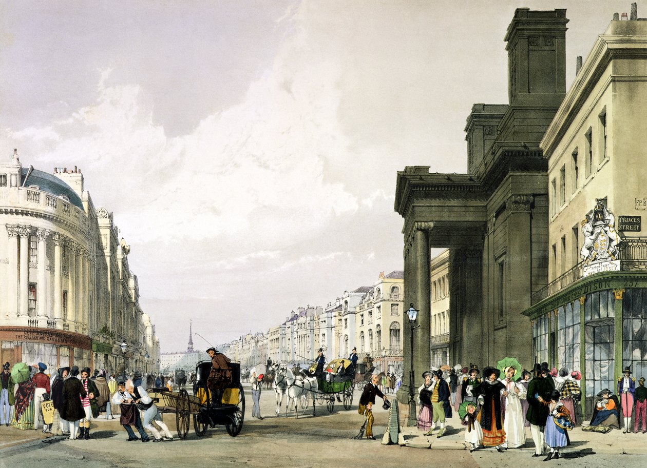 Regent Street vers le Quadrant avec la chapelle Hanover au premier plan et les promeneurs, 1842 - Thomas Shotter Boys