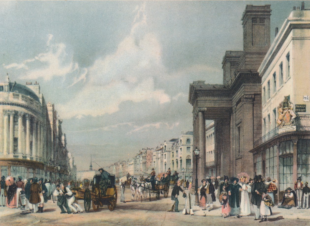 Vue de Regent Street vers le Quadrant avec la chapelle Hanover au premier plan, 1842 - Thomas Shotter Boys