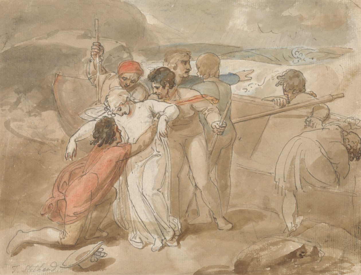 Une femme sauvée de la mer et assistée à terre, bateau à rames et sauveteurs en arrière-plan - Thomas Stothard