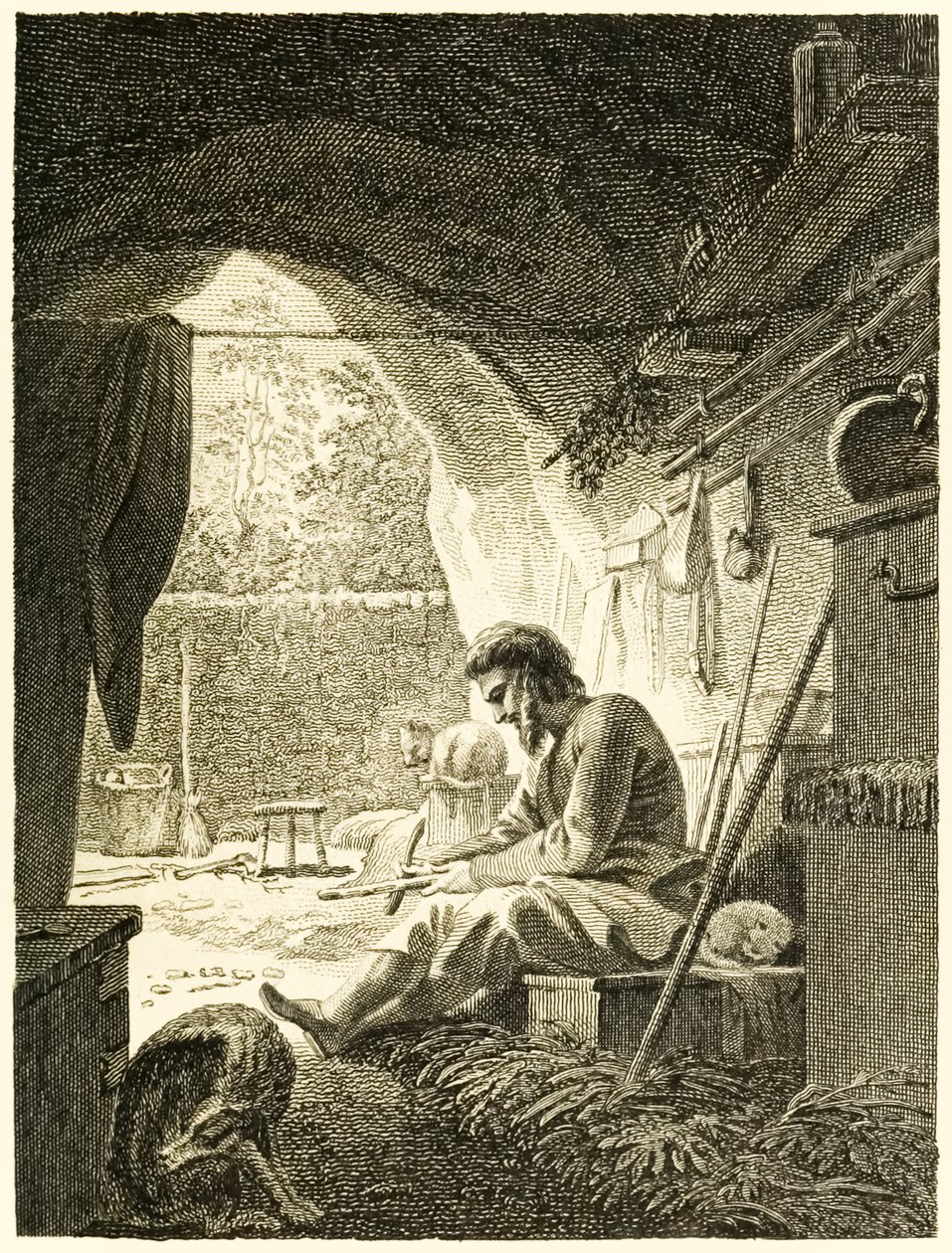 Robinson Crusoé travaillant dans sa grotte de La vie et les aventures surprenantes de Robinson Crusoé, marin de York par Daniel Defoe - Thomas Stothard
