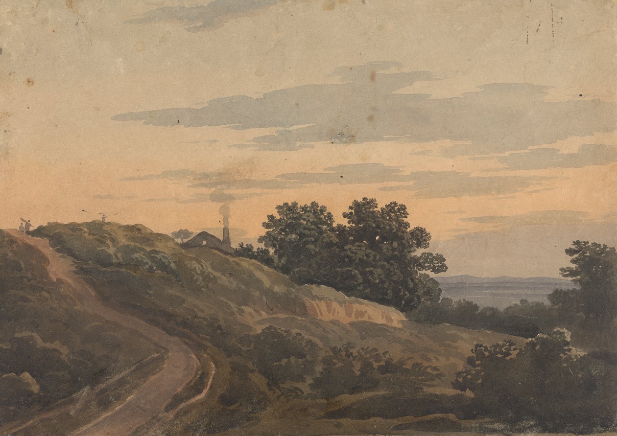 Paysage vallonné avec maison, chemin et figures - Thomas Sully