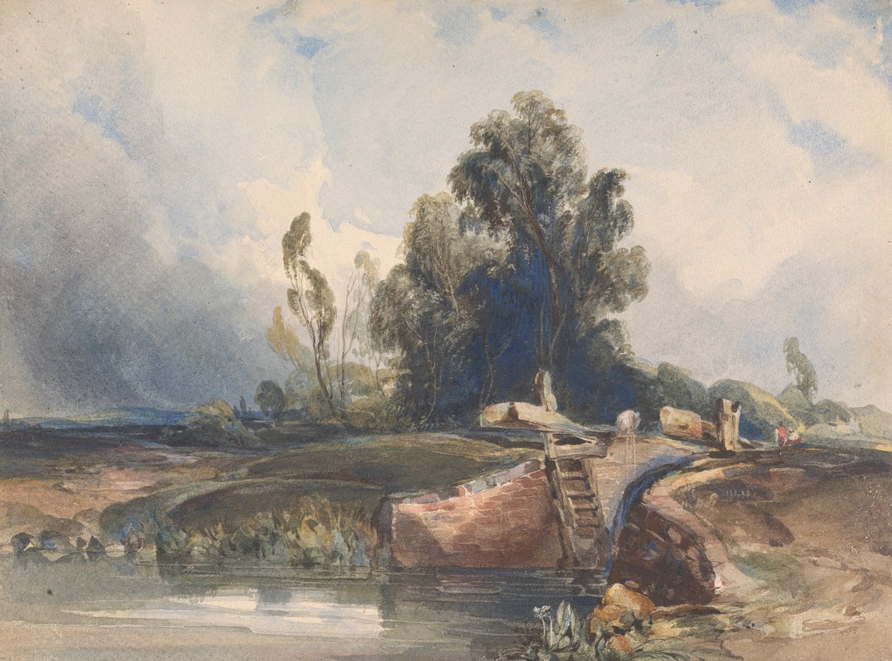 Paysage avec canal et écluse ; personnages à l