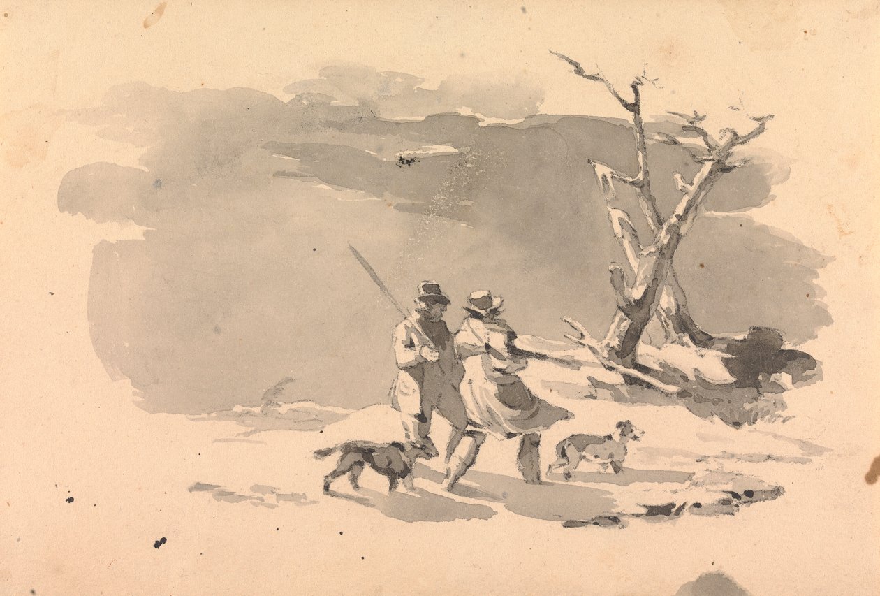 Deux chasseurs et deux chiens en scène d