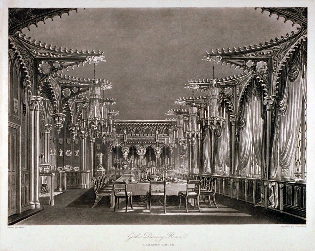 Vue intérieure de la salle à manger gothique de Carlton House, Westminster, Londres, 1819 - Thomas Sutherland