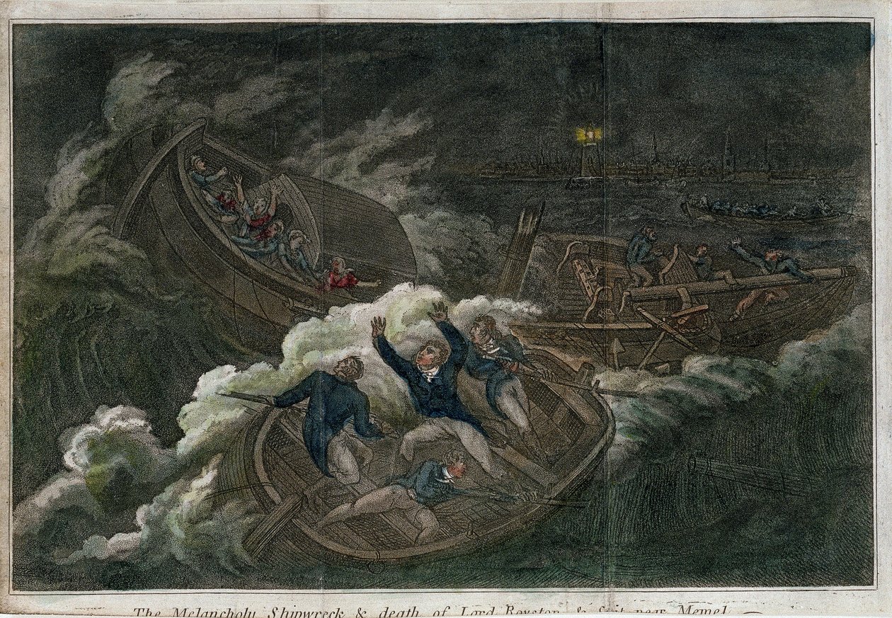 Le naufrage mélancolique et la mort de Lord Royston. Lithographie (17,5 x 25,8 cm), édition de Londres (Angleterre), par Thomas Tegg (1808 ?) - Thomas Tegg