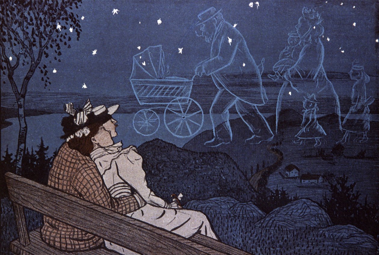Couple en plein air, regardant leur avenir dans les étoiles : enfants, famille. Illustration par Th.Th. Heine dans : Simplicissimus, Allemagne - Thomas Theodor Heine