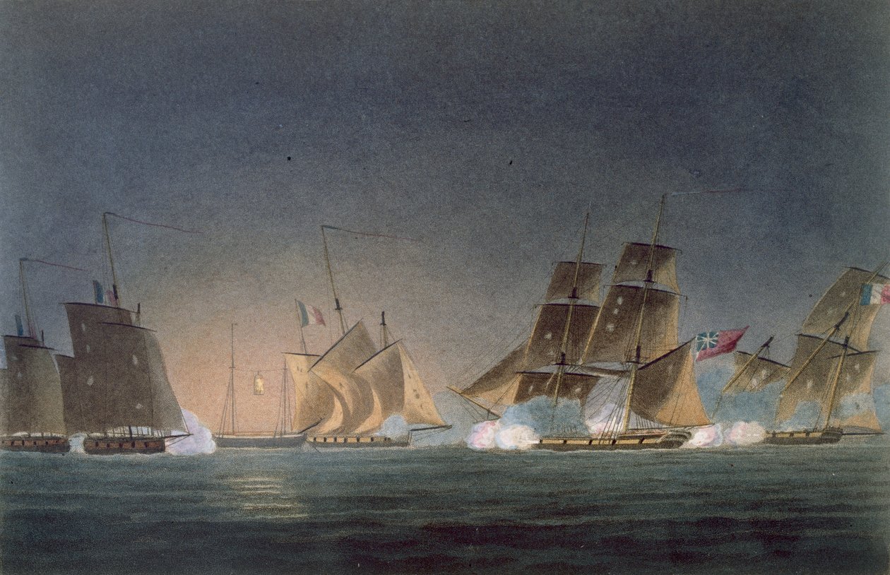 HMS Rinaldo engageant quatre Corsaires Français, gravé par J. Bailey pour 