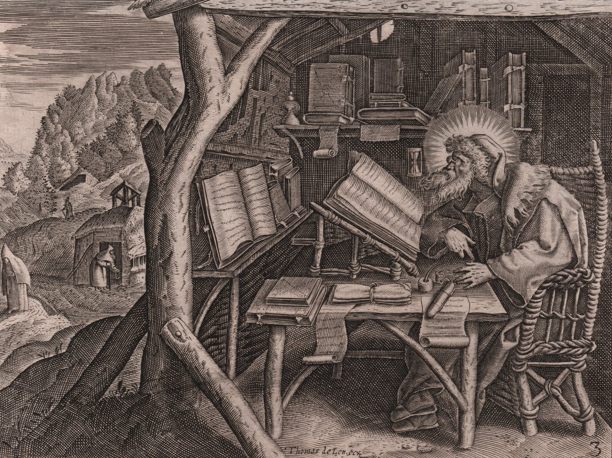 Saint Évagre le Pontique immergé dans ses études (gravure et burin par Thomas de Lieu) - Thomas de Leu