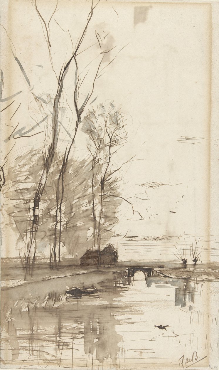Vue sur le canal avec de grands arbres, une ferme et un pont - Théophile de Bock (possibly)