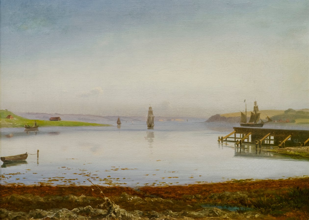 Navires dans une baie, peut-être le fjord de Horsens, vers 1850 (huile sur toile) - Thorald Laessoe