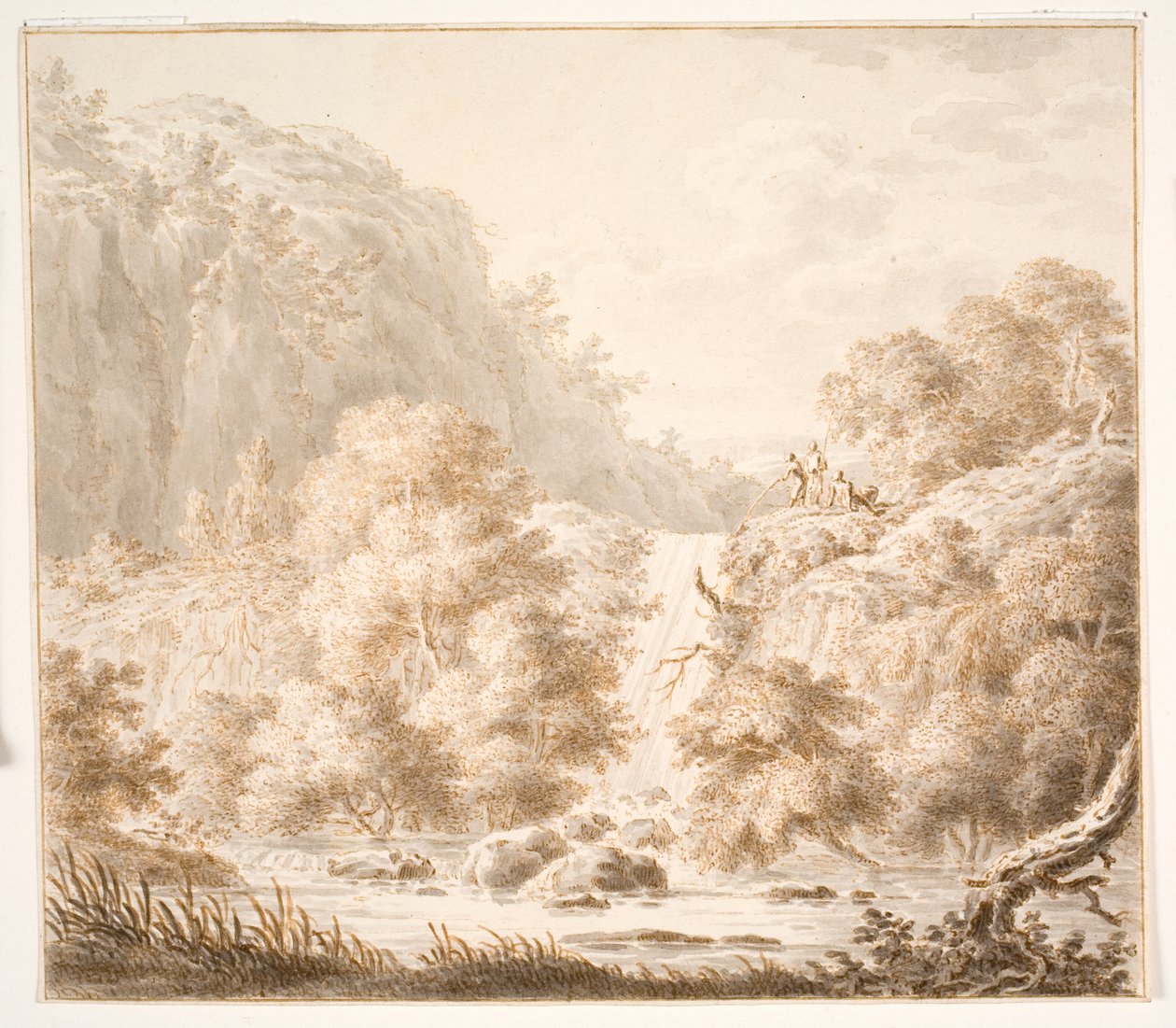 Paysage de montagne avec arbres et cascade, et trois figures - Thorsten Elias Hjaltelin