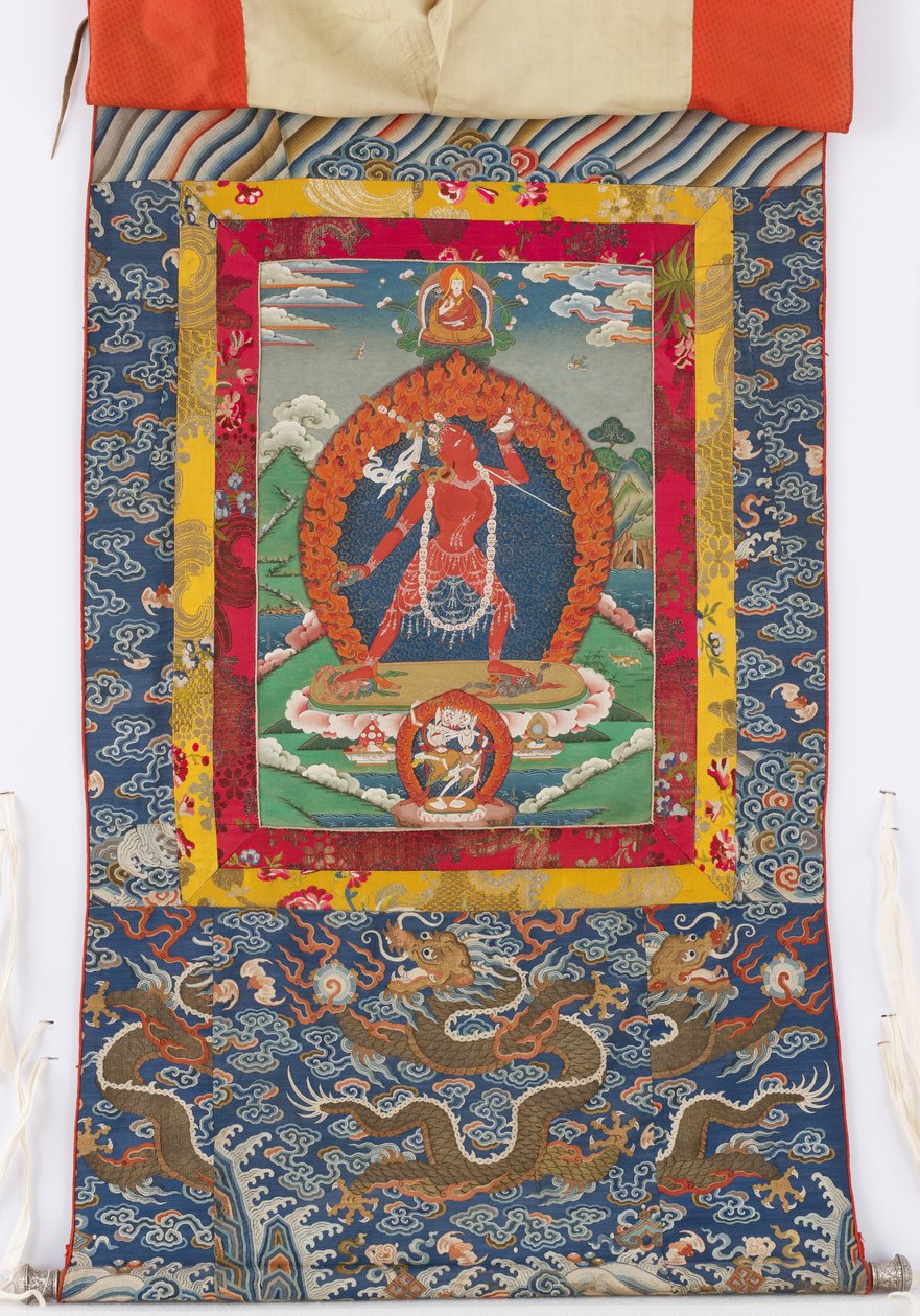 Dakini, peinture du 19ème siècle, bordures textiles des 19ème et 18ème siècles - Tibetan School
