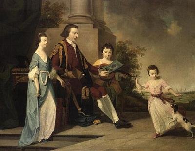 Thomas Noel, 2e vicomte Wentworth, assis avec ses trois sœurs, Judith, Elizabeth et Sophia, sur une terrasse avec Oxford derrière - Tilly (manner of) Kettle