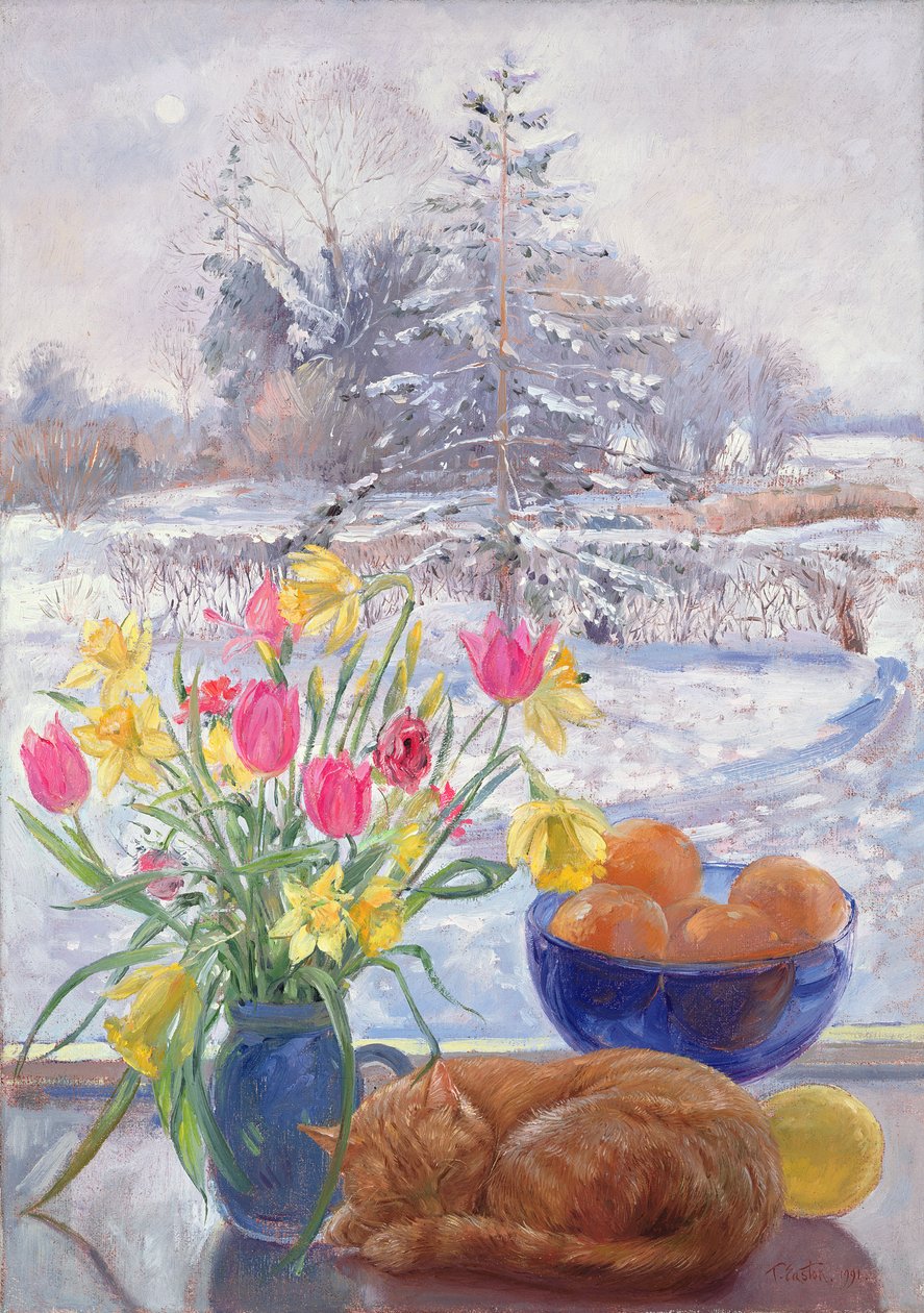 Chat enroulé avec des fleurs - Timothy Easton
