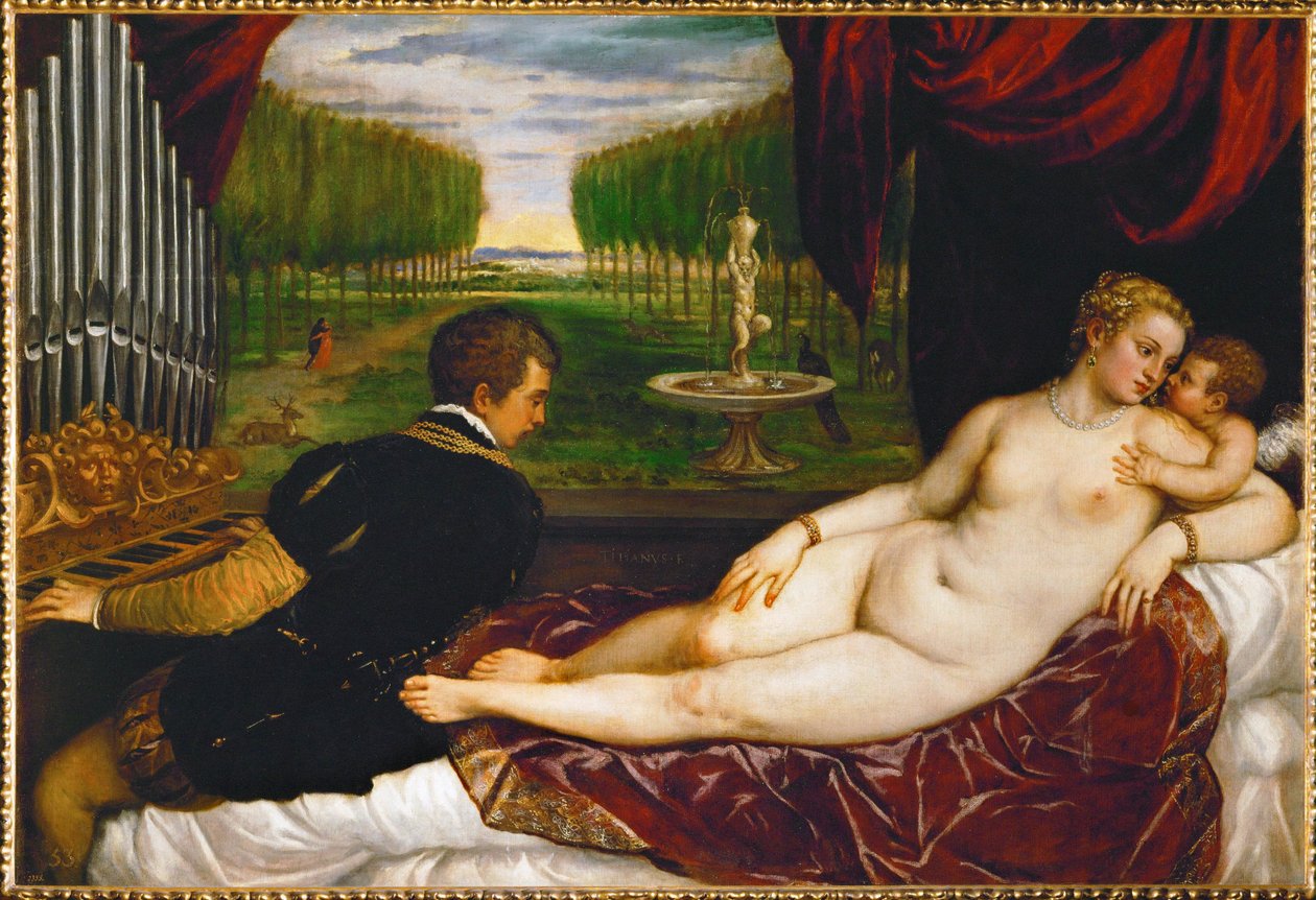 Vénus, Cupidon et un organiste ... (peinture sur toile) - Titian (c.1488 1576)