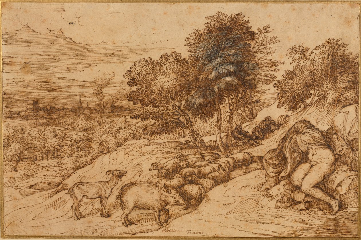 Paysage boisé avec une femme nue, sa tête cachée par un manteau - Titian (c.1488 1576)