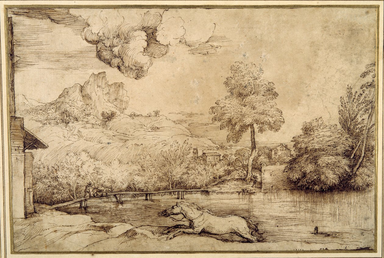 Paysage : un cheval sans cavalier poursuivi par un serpent - Titian (c.1488 1576)