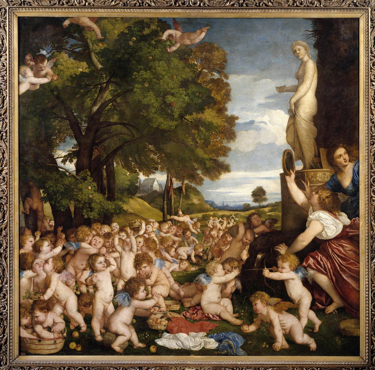 Offrande à Vénus. Petits amours (angelots) se rassemblent pour rendre hommage à la déesse Aphrodite - Tiziano Vecelli