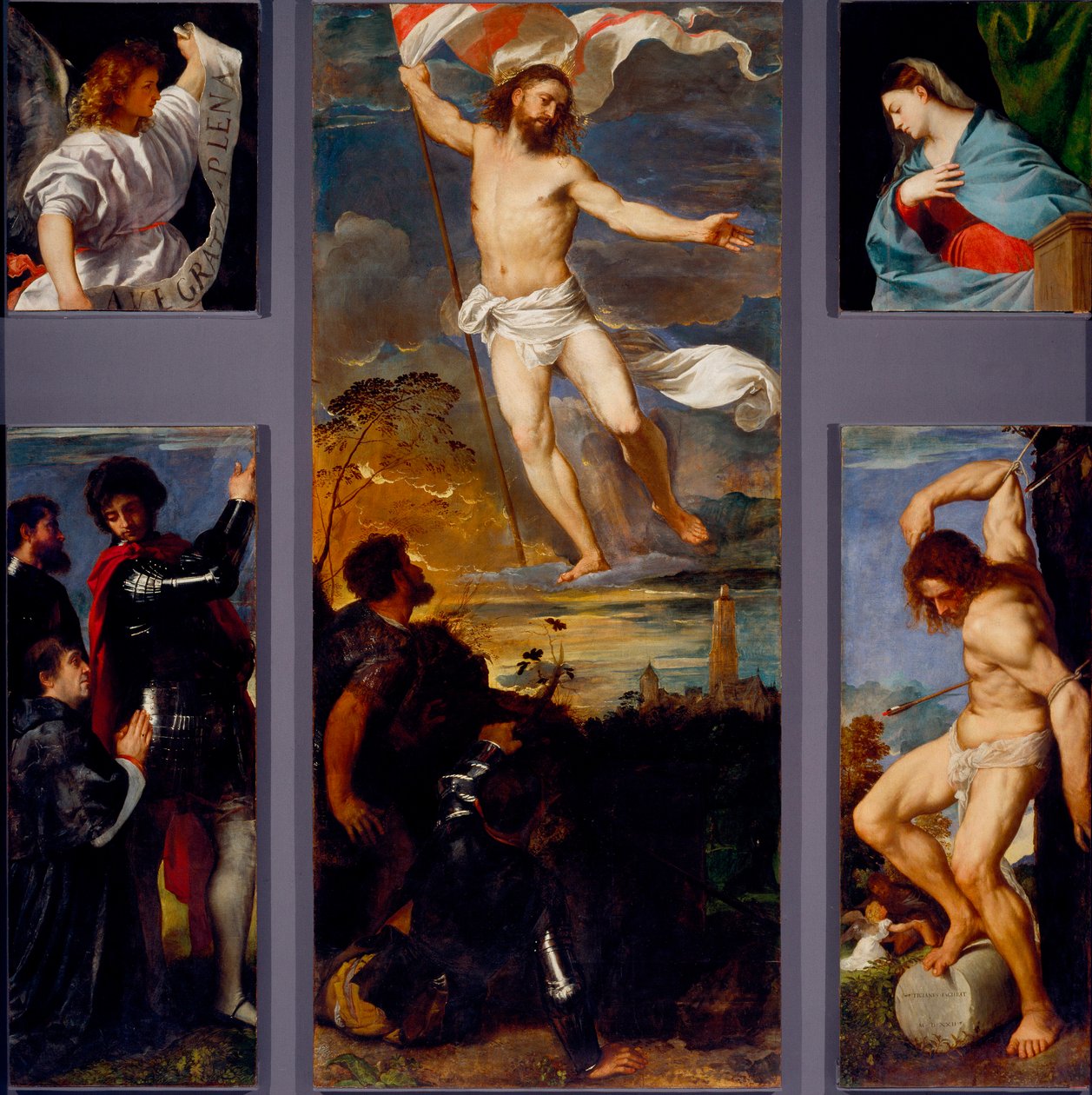 La résurrection, La Vierge, Saint Sébastien et les sponsors. Panneaux du polyptyque Averoldi - Titian (c.1488 1576)