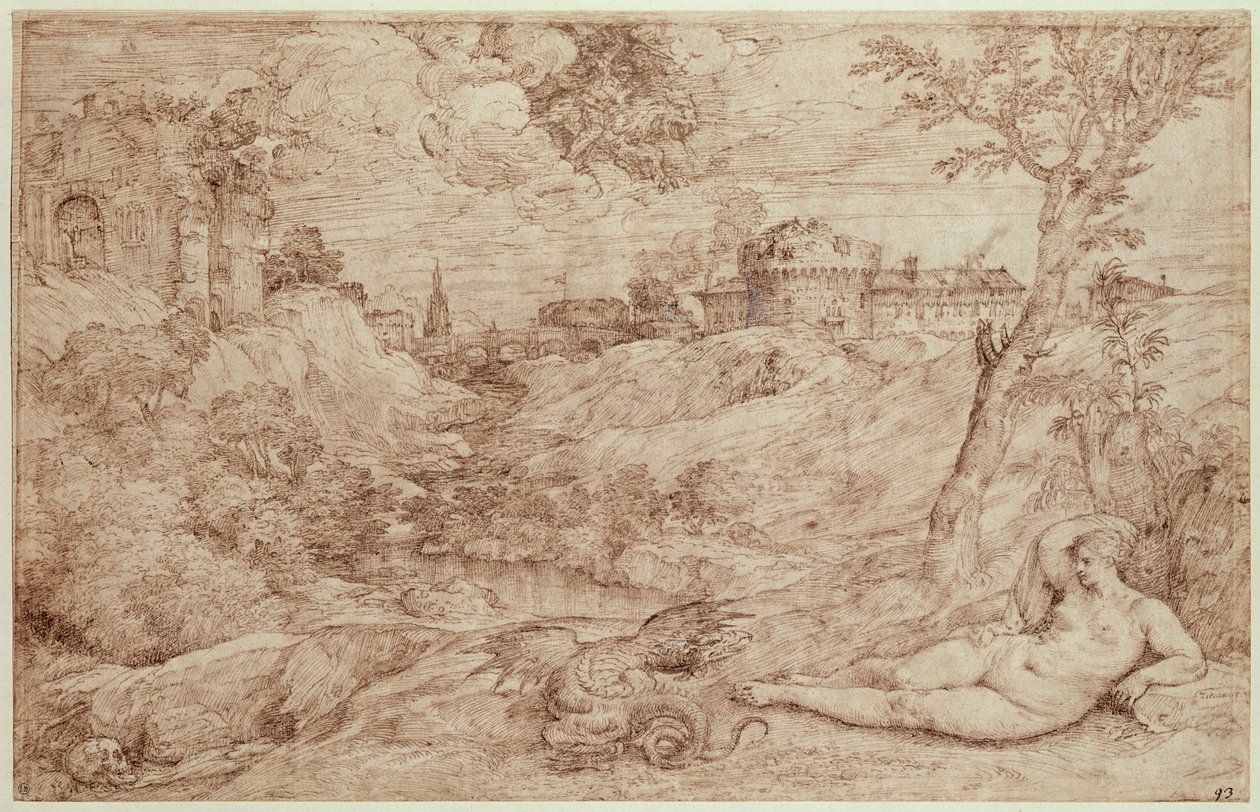 Paysage avec un dragon et une femme nue endormie - Tiziano Vecelli
