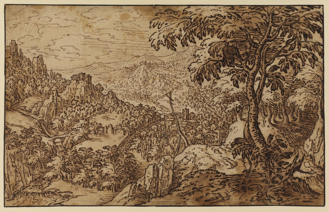 Paysage montagneux avec une croix - Tobias follower of Verhaecht