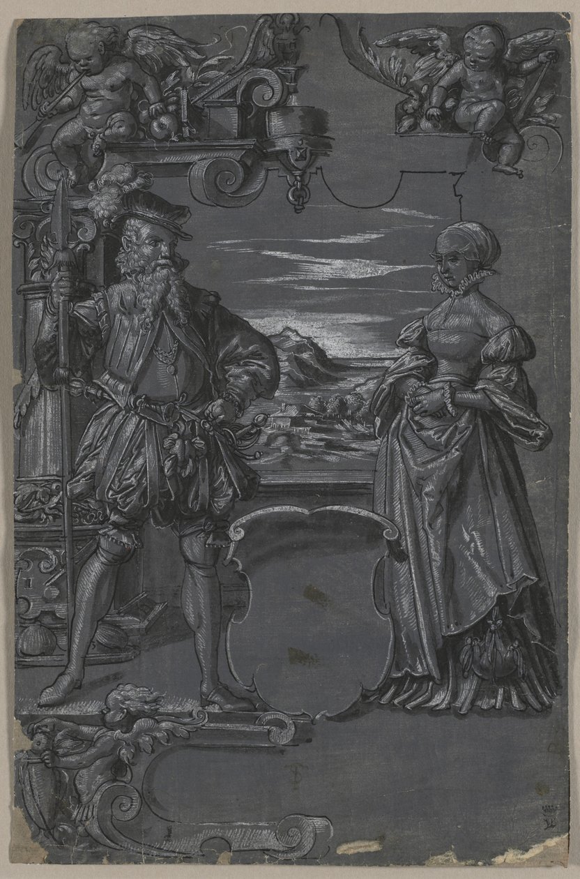 Conception pour la peinture sur verre : Homme et femme dans un cadre architectural, seconde moitié des années 1500 - Tobias Stimmer