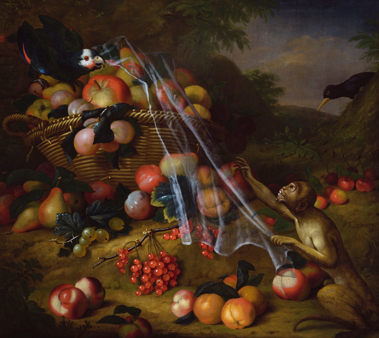 Fruits mélangés avec un singe, un perroquet, un geai et deux pinsons dans un paysage - Tobias Stranover