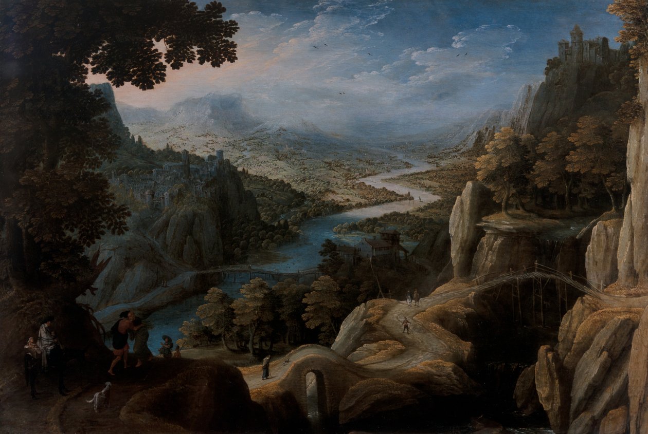 Un paysage fluvial montagneux étendu avec la réconciliation de Jacob et Laban, une ville fortifiée sur un sommet de falaise au-delà - Tobias Verhaecht