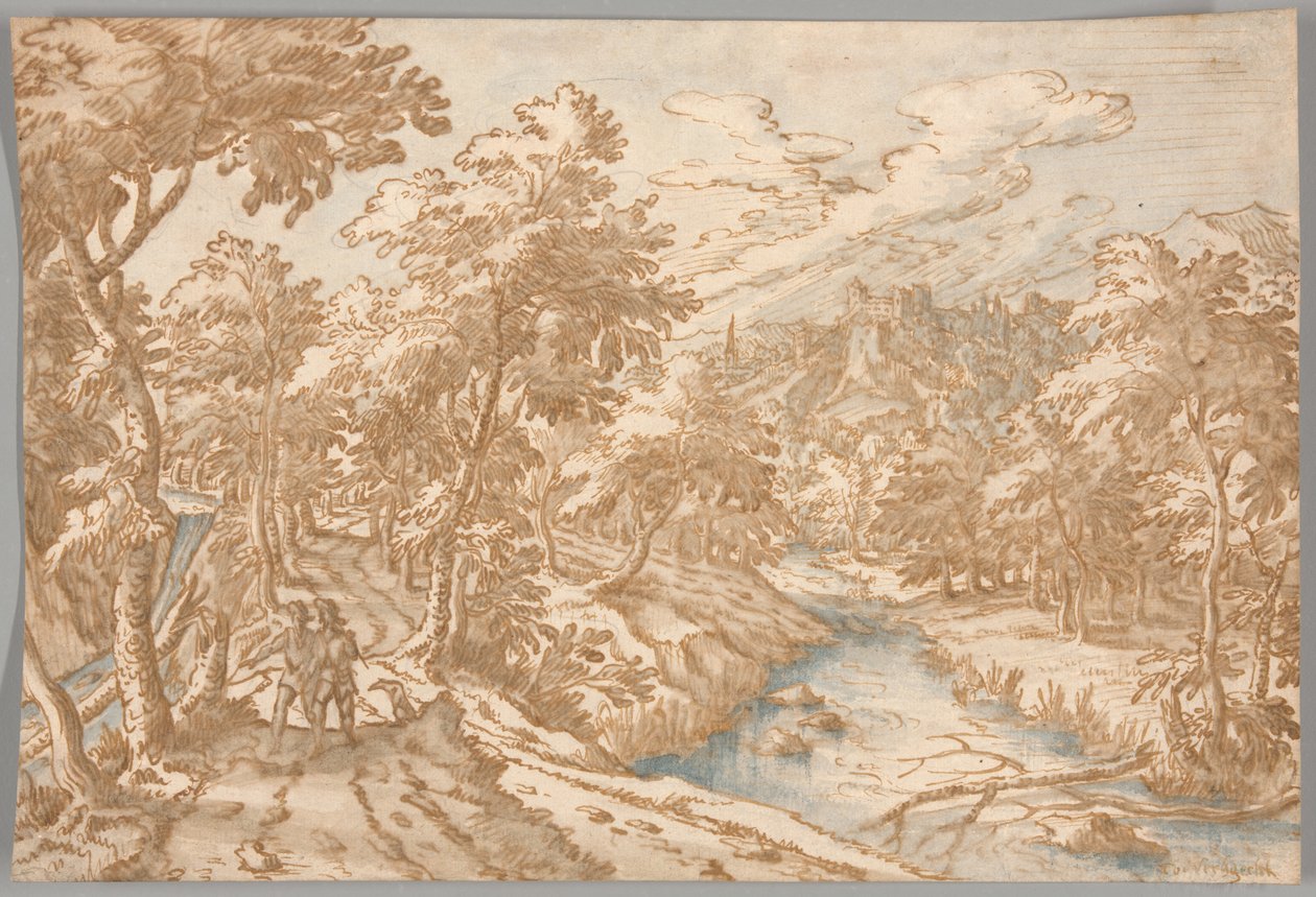 Paysage avec deux hommes marchant - Tobias Verhaecht