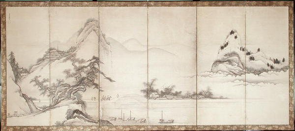 Voyageurs sur un pont au bord du lac, vers 1700 - Toetsu Toetsu