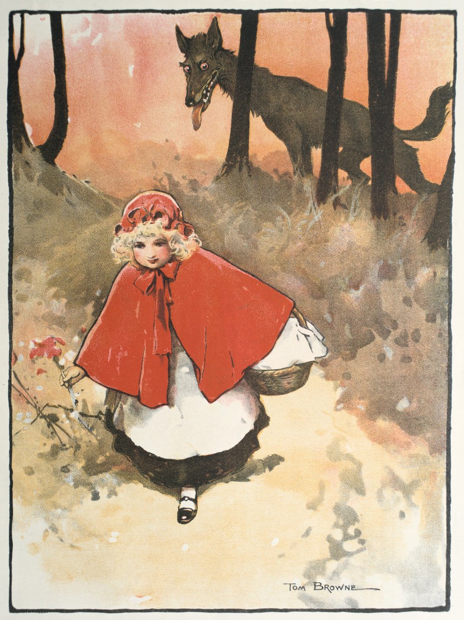 Le petit chaperon rouge se rendant chez sa grand-mère est observé par un loup sinistre et lubrique. Illustration de Tom Browne (1872-1910) pour le conte de fées. Publié en 1900 - Tom Browne