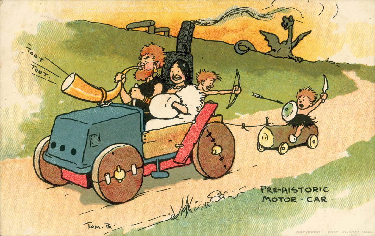 Voiture préhistorique (lithographie couleur) - Tom Browne